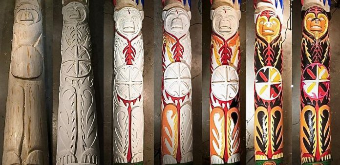 Time-lapse photographs showing the carving and painting of the Unity Pole.