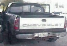 Police are seeking this green Chevrolet pick-up truck with a silver tailgate which fled the scene of a collision on Lansdowne St. E. after pulling out of the Pioneer gas station.
