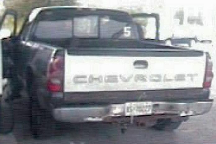 Police are seeking this green Chevrolet pick-up truck with a silver tailgate which fled the scene of a collision on Lansdowne St. E. after pulling out of the Pioneer gas station.