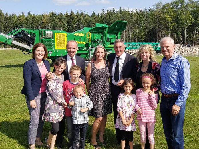 PRHC Foundation President and CEO Lesley Heighway, Donnell Leahy, Sylvia and Paschal McCloskey of McCloskey International, Natalie MacMaster, and PRHC Foundation Governor Emeritus Terry Windrem, join MacMaster and Leahy's children at the site of this weekend's Greenbridge Celtic Festival for a photo in celebration of the McCloskey's $1 million pledge to the PRHC Foundation. (Photo: PRHC Foundation)