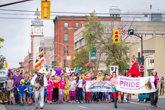 The 2014 Peterborough Pride parade making its way down George Street in downtown Peterborough. This year's Pride Parade takes place at 1:30 p.m. on Saturday, September 23 followed by "Pride in the Park", a family-friendly celebration that runs until 6 p.m. in Millennium Park. (Photo: Roberto Bonifacio)