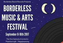 The Borderless Music & Arts Festival, Peterborough/Nogojiwanon's first feminist festival dedicated to community building and expanding worlds, takes place from September 8 to 16 at various venues in downtown Peterborough. For more information about the festival, visit https://www.facebook.com/events/163339580907876. (Poster: Borderless Bound Records)