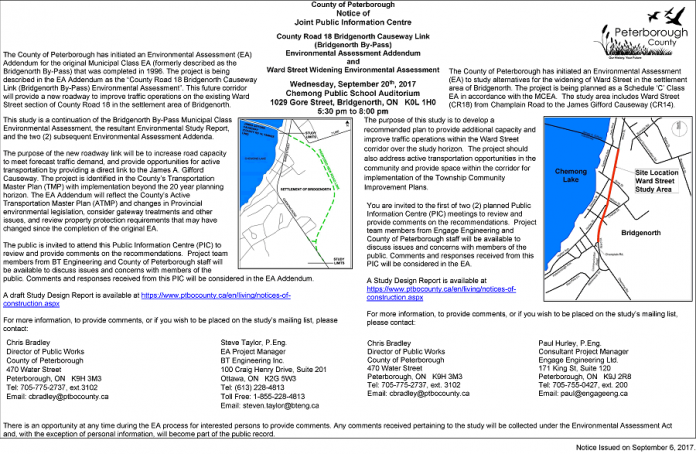 Notice of Joint Public Information Centre:  County Rd. 18 Bridgenorth Causeway Link (Bridgenorth By-Pass) Environmental Assessment Addendum and Ward St. Widening Environmental Assessment.