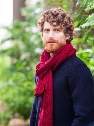 The "Wallace Wrap" scarf version, for men and women, shown in Arbor DK, colorway Vintner, from the newest Brooklyn Tweed 2017 Fall Collection. Needles in the Hay is one of only three shops in Ontario to carry the Brooklyn Tweed line. (Photo: Brooklyn Tweed)