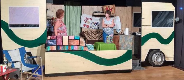 Beth Harrington and Pam Brohm on the unique set in Lindsay Little Theatre's production of "Peggy and Grace" containing both the interior and exterior of the RV. (Photo: Sam Tweedle / kawarthaNOW)