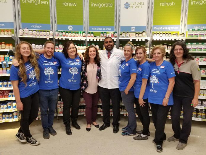 Breast cancer survivor Amy Semple (fourth from left) joins Mohan Joshi, pharmacist/owner of the Shoppers Drug Mart at High Street and Lansdowne in Peterborough, and his team to celebrate the kickoff of the 2017 Shoppers Drug Mart Growing Women's Health Campaign. Proceeds from this year's campaign (on now until October 6th) will support the Peterborough Regional Health Centre (PRHC) Foundation's $1.9 million effort to fund three new state-of-the-art mammography machines for PRHC's Breast Assessment Centre. (Photo: PRHC Foundation)