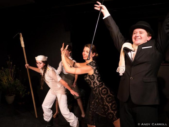 Samuelle Weatherdon as Charles, George Knechtel (obscured) as Peter, Angela Sorenson as Usla, and Simon Turner as Rodney Divine in "Mr. Icky", one of two short pieces written by F. Scott Fitzgerald and presented at The Theatre on King from September 21 to 23. (Photo: Andy Carroll)