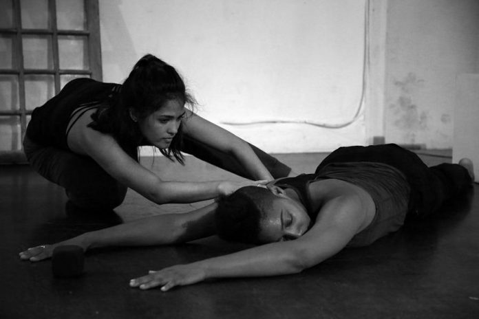 Dancers Mayumi Lashbrook and Syreeta Hector in rehearsal for Igor Stravinsky's L'histoire du soldat, re-imagined by First Nations choreographer Aria Evans. The dance performance is part of the Voice of a Nation program, coming October 12 to Showplace Performance Centre in Peterborough. The program also features the Toronto Concert Orchestra, conducted by Maestro Kerry Stratton, performing orchestral songs of poems of Cree/Métis poet Marilyn Dumont written by Métis and French-Canadian composer Ian Cusson and sung by Métis Canadian mezzo-soprano Rebecca Cuddy, an original choral piece composed by Cusson and sung by the Peterborough Children's Chorus, and a screening of the documentary 'Twelve' by local filmmaker Lester Alfonso. (Photo: Aria Evans)