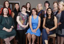 The 2017-2018 Board of Directors of the Women's Business Network. From left to right: Tracey Ormond, Josée Kiss, Grace Reyonlds, Colleen Carruthers, Paula Kehoe, Lorie Gill, Shelley Barker, Lori McKee, Sana Virji, Karen Copson, and Mary McGee (not pictured: Diane Wolf).