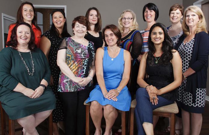 The 2017-2018 Board of Directors of the Women's Business Network. From left to right: Tracey Ormond, Josée Kiss, Grace Reyonlds, Colleen Carruthers, Paula Kehoe, Lorie Gill, Shelley Barker, Lori McKee, Sana Virji, Karen Copson, and Mary McGee (not pictured: Diane Wolf).
