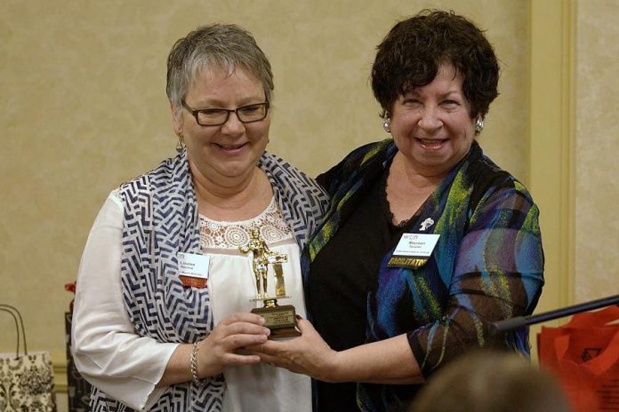 As a long-time member and past president of the Peterborough Women's Business Network, Maureen Tavener established the peer-chosen Member of the Year award 35 years ago to honour an outstanding member each year. In 2017, Louise Racine (pictured with a "keeper version" of the award) was honoured as the recipient for the second year in a row.