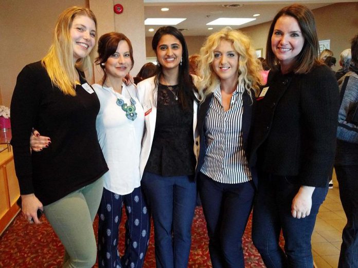 Rosalea Terry of the Innovation Cluster, SimbiH2O founder Jane Zima, Ribbet co-founder and current WBN Program Director Sana Virji, Chimp Treats CEO and co-founder Brooke Hammer, and current WBN External Communications Director Paula Kehoe after a panel discussion featuring Jane, Sana, and Brooke at the at the May 3, 2017 WBN meeting. The Innovation Cluster reports that 50 per cent of the innovation and tech companies they work with are led by female entrepreneurs. (Photo: WBN)