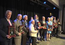 Nominations for the 2018 Peterborough Business Hall of Fame are open until November 30, 2017. Pictured are the 2017 Hall of Fame inductees and their representatives at this year's induction ceremony: Peter Duffus, John Bowes, Elwood Jones, Mary McGee, Catia and Mike Skinner, Susan and Darrell Drain, Rhonda Barnet, Eleanor and Carl Young, and Shelley and David Black. (Photo: Eva Fisher / kawarthaNOW.com)