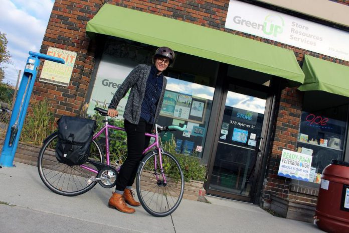 GreenUP’s Executive Director Brianna Salmon's bicycle is outfitted with components that help protect clothing from the elements. A full chain guard protects pant legs and footwear from grease and grit, and a pair of long fenders help protect clothing from splashing puddles while keeping feet dry too. (Photo: Karen Halley)