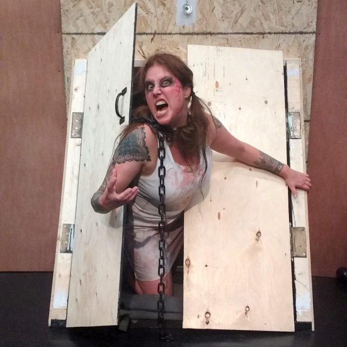 Local musician Lindsay Barr knocks it out of the musical theatre park in her role as Ash's dorky sister Cheryl. After she suddenly turns into a demon, her friends chain her in the cellar. (Photo: Sam Tweedle / kawarthaNOW.com)