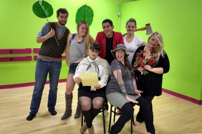 The cast of "Evil Dead The Musical" during a rehearsal: Addison Wylie as Ed, Carly Evans as Cheryl, Lance Issacs as Scotty, Caitlin O'Connor as Linda, Kat Shaw, Meisha Browne as Annie, and Lindsay Barr as Shelly. Not pictured: Andrew Little as Ash and Brandon Remmelgas as Jake. (Photo: Sam Tweedle / kawarthaNOW.com)