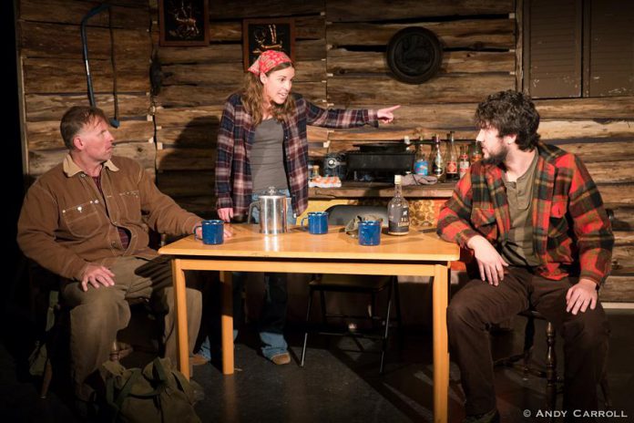 Nathan Govier as Wayne, Lindsay Unterlander as Becky, and Kelsey Gordon Powell as Roger in Planet 12 Productions' "Incident On Gun Mountain", about a trio of deer hunters in the early 1970s who endure a descent into guilt, paranoia, terror, and the fantastic. (Photo: Andy Carroll)