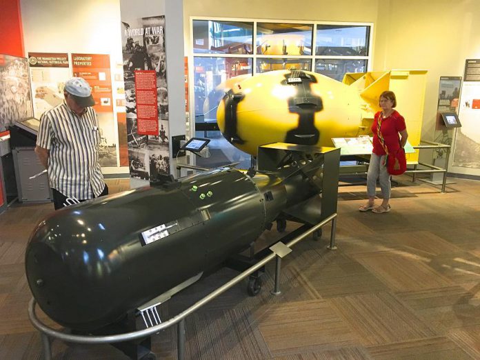 Replicas of "Little Boy" and "Fat Man", the atomic bombs dropped on Hiroshima and Nagasaki respectively, at the Bradbury Science Museum at Los Alamos in New Mexico. The radioctive ore used to create the uranium core of "Little Boy" was mined in Canada's north and then transported by indigenous labourers, who were never warned about the dangers of the radiation. (Photo: Larry Lamsa / Flickr)