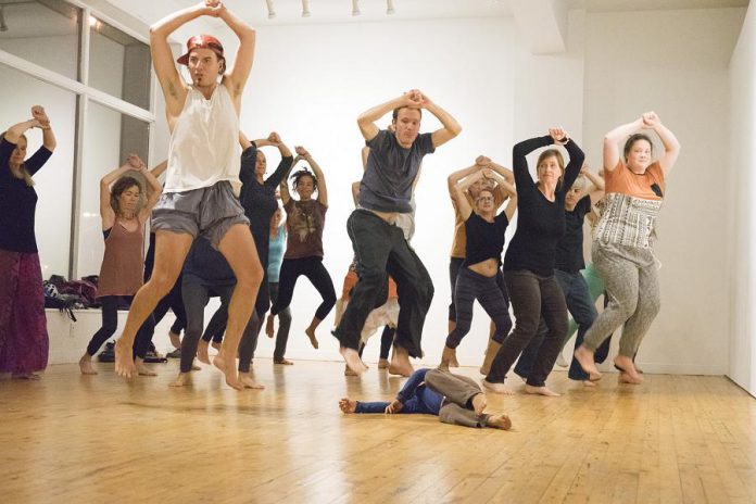 Over the past six weeks, performance artist Brian Solomon has been working with community members and professional dance artists to choreograph "Nogojiwanong Rite of Spring", an Indigenous re-envisioning of the 1913 avant-garde ochestral ballet by Igor Stravinsky. The free community dance performance, with Stravinsky's original score re-imagined and performed by Indigenous musician Melody McKiver, takes place October 19 and 20 at an Anishinaabe burial site in downtown Peterborough. (Photo: Public Energy)