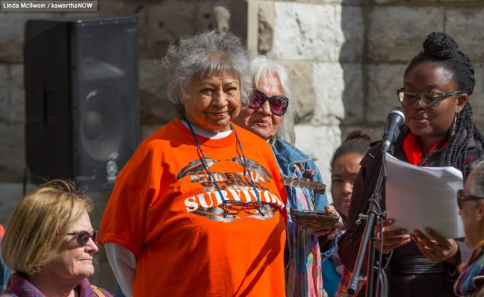 Elder Shirley Williams of Curve Lake First Nation. September 30th was also Orange Shirt Day,  a day recognized across Canada to remember the trauma Indigenous people faced in the residential school system and to promote reconciliation.  (Photo: Linda McIlwain / kawarthaNOW.com)