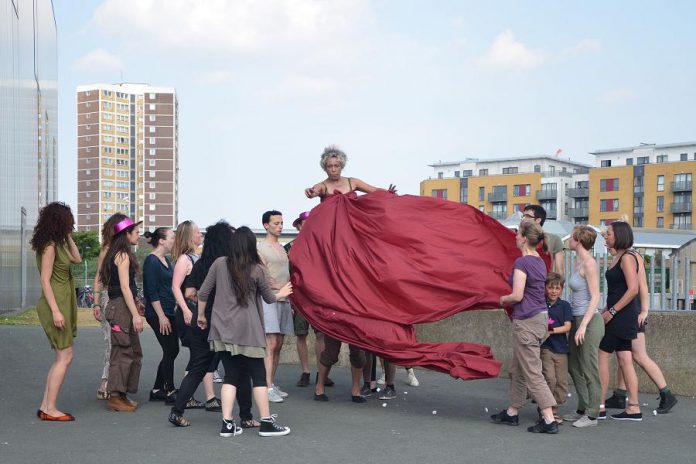 Indigenous performance artist Brian Solomon staged a similar community dance performance in London, U.K. in 2013. (Photo: Julieta Hernandez)