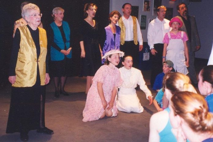 The cast from Spring Tonic 2002 ... Celebrating Five Years! rehearsing one of the chorus numbers. That show was a recapturing of entertainment during the first five years of Spring Tonic, and Tonic @ Twenty captures what has happened at the building housing Showplace since it first opened as Odeon Theatre in 1947. (Photo courtesy of Beth McMaster)