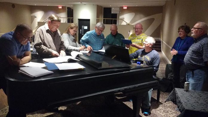 Some of the cast of “Tonic @ Twenty”, which runs on October 28 and 29 at Showplace Performance Centre, during a rehearsal: Robert Ainsworth, Wayne Robinson, Connie Burton, Roy Braun, Dick Plant, Darcy Mundle, Danny Bronson, Beth McMaster, and Len Lifchus. (Photo: Sam Tweedle / kawarthaNOW.com)