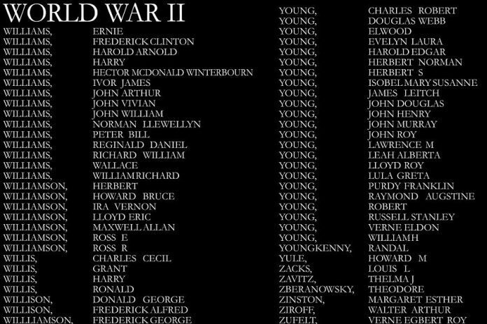 A few of the 10,382 names of local veterans who served with the Canadian forces in the First and Second World Wars and the Korean War currently listed on the Veterans Wall of Honour.  (Photo: City of Peterborough)