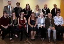 The Village of Lakefield had a strong presence among the winners of the 18th annual Kawartha Chamber of Commerce & Tourism Awards of Excellence, including Citizen of the Year Jennie MacKenzie (front row centre), Lifetime Achievement Award winners Aileen and Mike Dean (front row, second and third from right), Young Professional of the Year Erin McLean (back row, third from left), whose family business also won the Tourism or Hospitality Excellence award, and Vikki Griffin of Griffin's Greenhouses (back row, third from right), whose family business won the Outstanding Business Achievement award. (Photo: Kawartha Chamber of Commerce & Tourism)