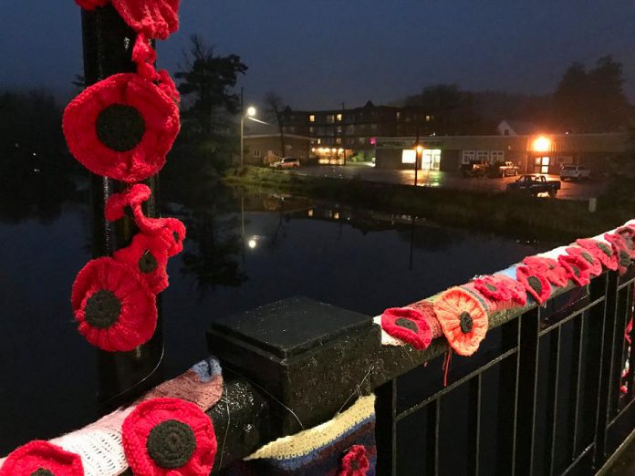 A close up some of the hand-crafted poppies, which will remain on display on the bridge until Monday, November 13, 2017. (Photo: Hospice North Hastings / Facebook)