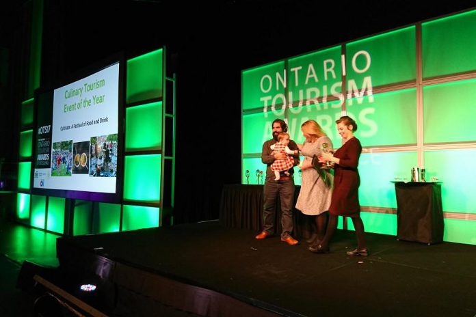 Representatives from Cultivate: A Festival of Food and Drink in Port Hope accepting the Ontario Culinary Tourism Event of the Year award. (Photo: Ontario Tourism Summit / Twitter)