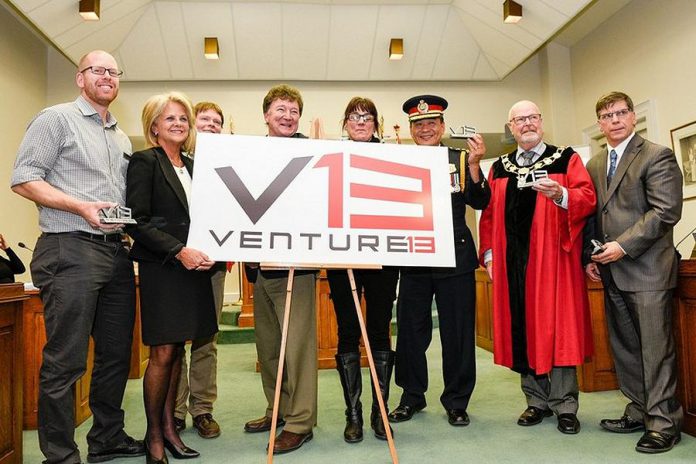 Venture13 partners reveal the new logo for the planned business accelerator with Town of Cobourg Mayor Gil Brocanier on November 22, 2017. (Photo: CNW Group/Town of Cobourg)