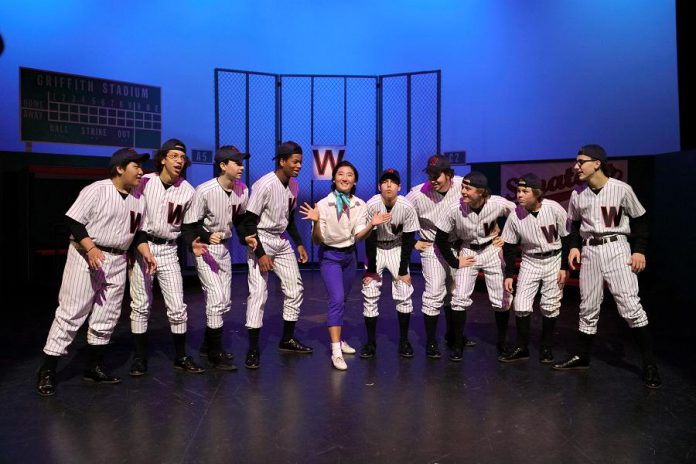 In possibly the best production number in Lakefield College School's "Damn Yankees", running November 28 to December 1, Catherine Kim as Gloria Thorpe performs "Shoeless Joe, From Hannibal, Mo" with the Washington Senators. (Photo: Simon Spivey)