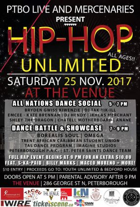 Hip Hop Unlimited features the All Nations Dance Social from 5 - 7 p.m., the Dance Battle & Showcase from 7 - 9 p.m., and a rap event beginning at 8 p.m. Tickets for the all-ages dance portion of the event are $10, and the rap event (parental advisory for lyrics) is an extra $10.