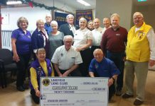 The Lakefield & District Lions Club has donated $20,000 to the Lakefield Curling Club to support the club's Sunday Junior Curling Program for 10 years beginning in the 2018 curling season.