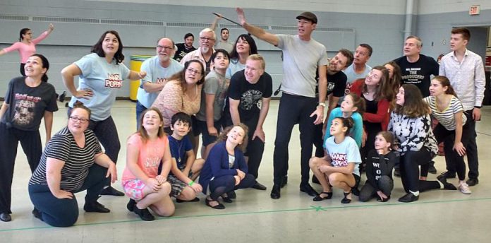 Warren Sweeting sings "Step in Time" with members of the cast of "Mary Poppins" during a rehearsal.  (Photo: Sam Tweedle / kawarthaNOW.com)