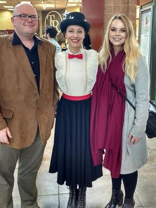 Sam Tweedle and Avery Cantello with Gillian Harknett (in costume as Mary Poppins) after a pop-up appearance by St. James Players at Lansdowne Place Mall in October.