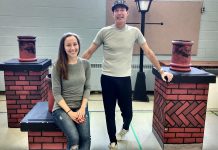 Actors Gillian Harknett, who plays Mary, and Warren Sweeting, who plays Burt, at a rehearsal for the St. James Players production of "Mary Poppins". The family-friendly musical, which features a cast of 40 performers of all ages, opens on Friday, November 10th and runs until November 18th at Showplace Performance Centre in downtown Peterborough. (Photo: Sam Tweedle / kawarthaNOW.com)