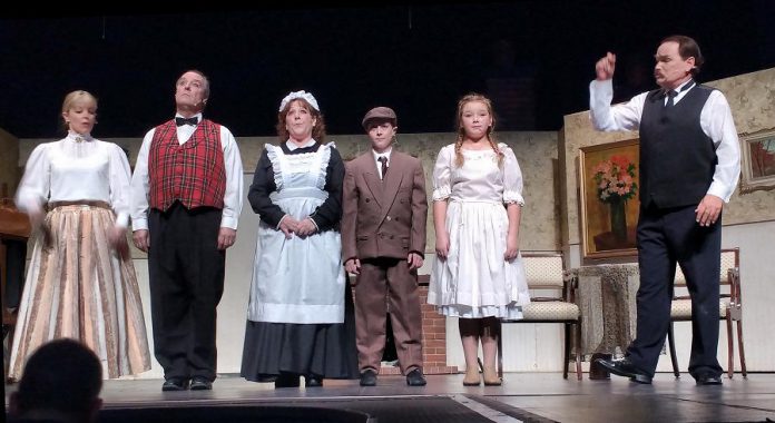 The Banks family household: Christie Freeman as Winifred, Robert Ainsworth as Robertson, Jacquie Banks as Mrs. Brill, Ben Freeman as Michael, Macayla Vaughn as Jane, and Keith Goranson as George Banks. (Photo: Sam Tweedle / kawarthaNOW.com)