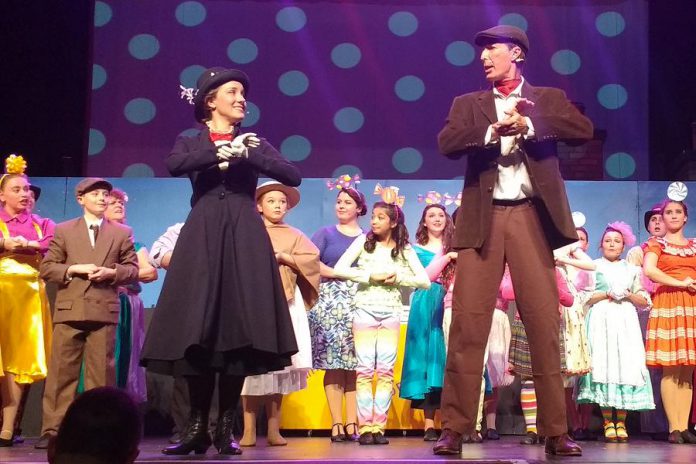 Gillian Harknett as Mary Poppins and Warren Sweeting as Burt the Chimney Sweep with the cast performing 'Supercalifragilisticexpialidocious' in the musical "Mary Poppins", which runs from November 10th to 18th at Showplace Performance Centre in downtown Peterborough. (Photo: Sam Tweedle / kawarthaNOW.com)