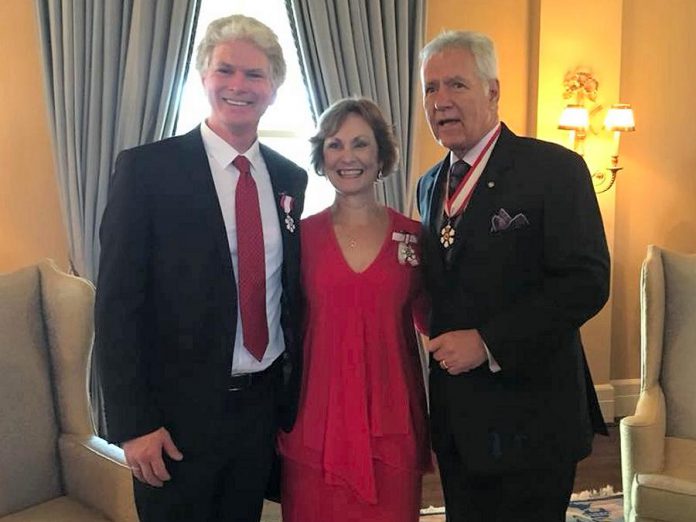 Brian Finley and Donna Bennett with Alex Trebek, who was invested as an Officer of the Order of Canada. (Photo: Westben / Facebook)