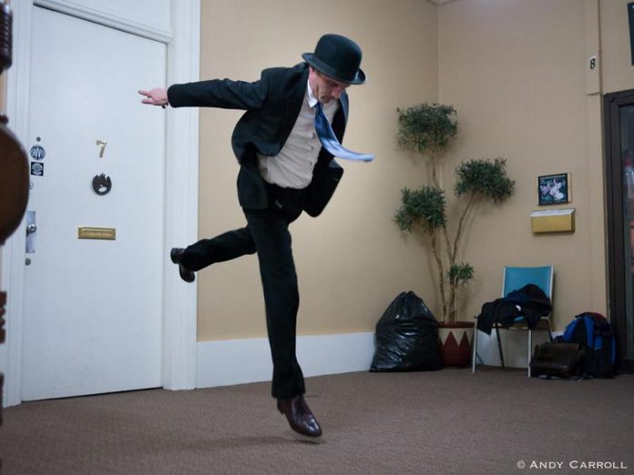 Through art and discussion, the Precarious Festival explores the economic uncertainy faced by working artists. Pictured is one of the festival organizers, Ryan Kerr, performing his Abstraction No. 129 1/2 during Peterborough DanceWorks on November 3rd. (Photo: Andy Carroll)