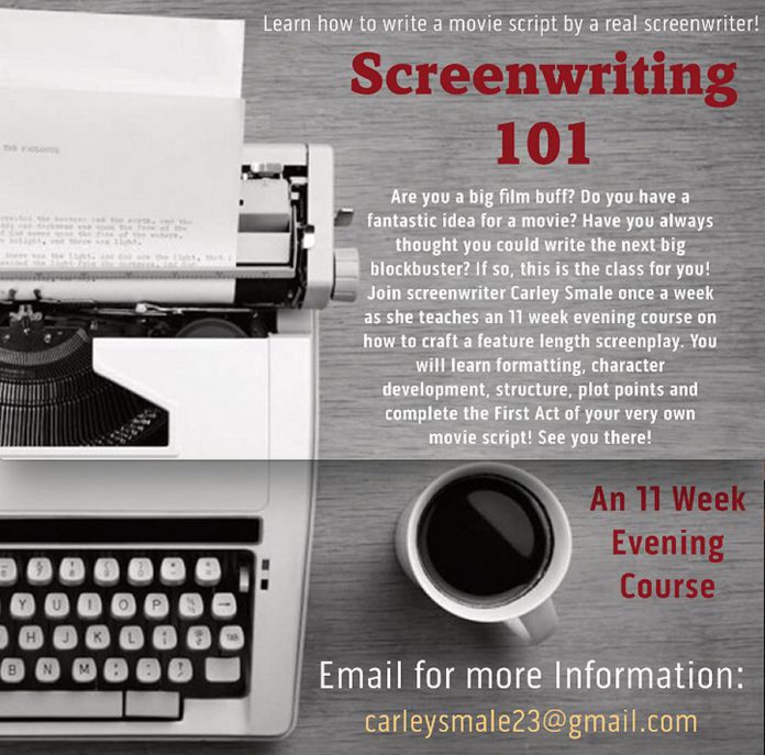 Carley is teaching a 11-week screenwriting course beginning in January. (Graphic courtesy of Carley Smale)