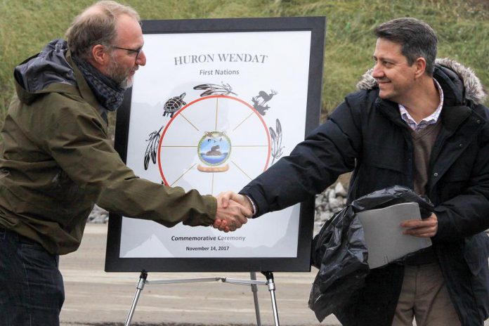 Dr. Louis Lesage, representing the Huron-Wendat Nation, with David Garcia, CEO of Blackbird Infrastructure, at the November 14th commemorative ceremony. (Photo courtesy of Blackbird Infrastructure Group)