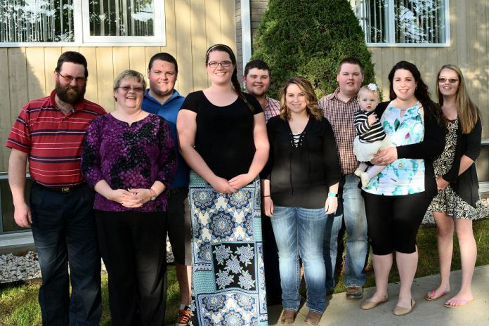 The Stockdales of Embrdale Farm in Asphodel-Norwood are the 2017 Farm Family of the Year. Pictured from left to right: David and Cathy, Steven and Kelsey, Cameron and Emily, Brett and Erin with Kaylee, and Rebecca. (Photo courtesy of Greater Peterborough Chamber of Commerce)