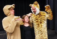 Aidan Wilson as Baloo, Asha Hall-Smith as Mowgli, and Dan Smith as Shere Khan in Arbor Theatre's upcoming holiday production of "The Jungle Book" at Showplace Performance Centre in downtown Peterborough on December 7th and 8th. (Photo: Arbor Theatre)