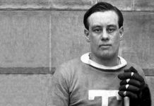 Ken "The Pepper Kid" Randall when he played for the Toronto Blueshirts of the National Hockey Association from 1915 to 1917. When Randall was defenseman for the Toronto Maple Leafs in 1919, he was fined $10 by the NHL for reportedly calling called referee Steve Vair a "son of a bitch." While he was a "a gentleman and a scholar" off the ice, according to his grandson Shayne Randall, author of "The Pepper Kid", Randall was one of the most penalized, fined, and suspended players becuase of his tough and aggressive play and his use of foul language. (Public domain)