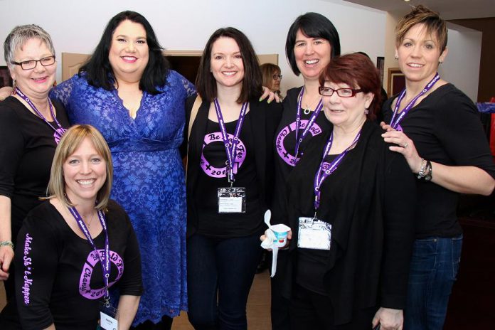 Louise Racine (left) with CBC radio host Candy Palmater, the keynote speaker at the inaugural International Women's Day conference in March 2017, and members of the International Women's Day organizing committee. (Photo: Jeannine Taylor / kawarthaNOW.com)