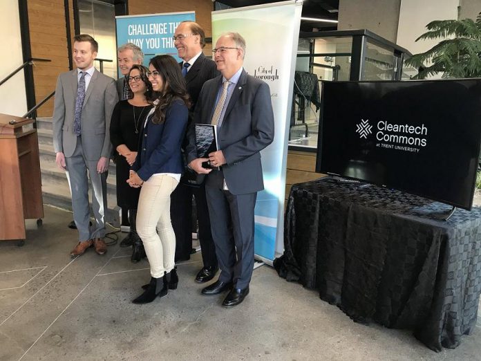 Adam Noble of Noblegen, Trent University President Leo Groarke, Peterborough Mayor Daryl Bennett, and others at the launch of Cleantech Commons at Trent University. (Photo:  Daryl Bennett / Twitter)