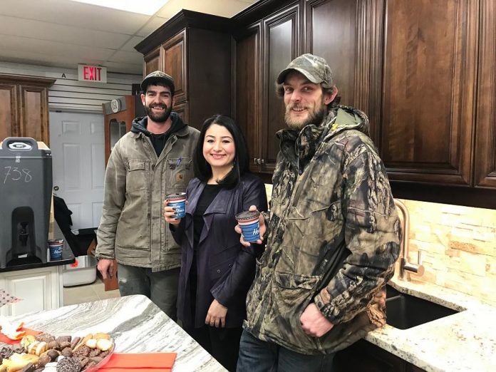 Peterborough-Kawartha MP Maryam Monsef with Troy and Douglas of Gus's Kitchen and Bath, one of six Peterborough-based businesses receiving an investment from Northumberland Community Futures Development Corporation. The family business, which offers kitchen and bath finishes and fixtures, will use the investment to purchase granite-cutting equipment. (Photo: Office of Maryam Monsef)